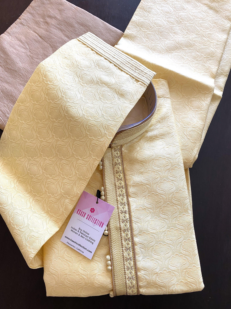 Yellow Color Men Kurta Pajama Set with Embroidery work on neckline | Kurta for Haldi - Kaash
