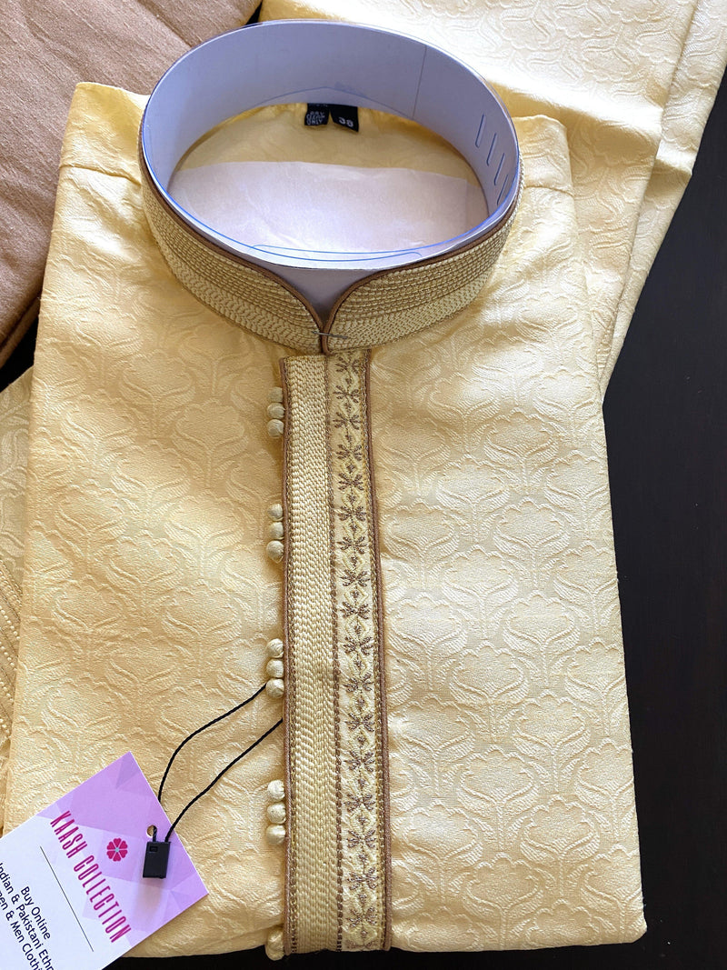 Yellow Color Men Kurta Pajama Set with Embroidery work on neckline | Kurta for Haldi - Kaash