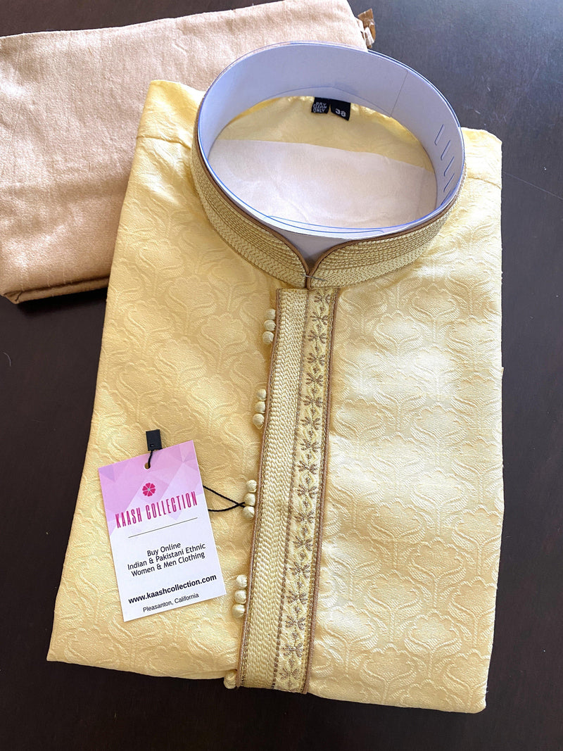 Yellow Color Men Kurta Pajama Set with Embroidery work on neckline | Kurta for Haldi - Kaash