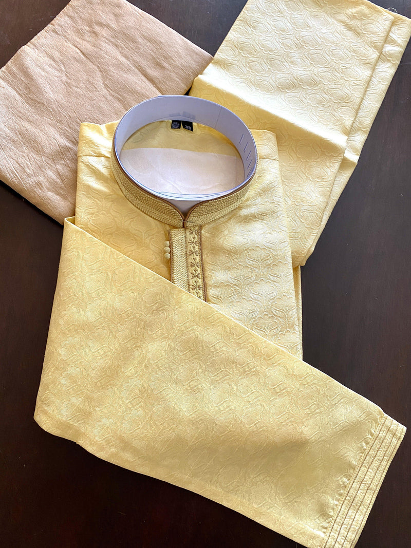 Yellow Color Men Kurta Pajama Set with Embroidery work on neckline | Kurta for Haldi - Kaash
