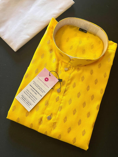 Yellow men's kurta pajama in pure cotton with small self-design buttis on cotton — Kaash Collection
