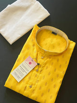 Yellow men's kurta pajama in pure cotton with small self-design buttis on cotton — Kaash Collection
