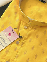Yellow men's kurta pajama in pure cotton with small self-design buttis on cotton — Kaash Collection