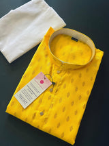 Yellow men's kurta pajama in pure cotton with small self-design buttis on cotton — Kaash Collection