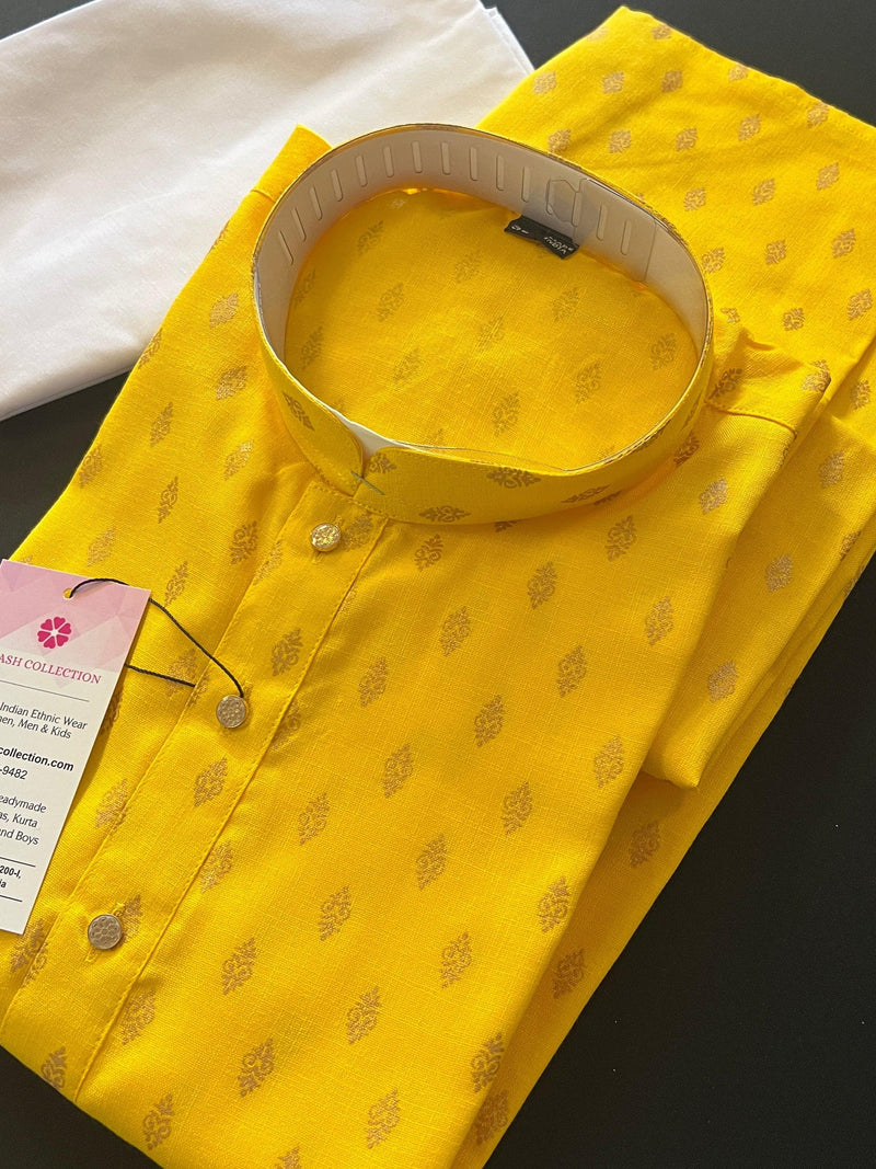 Yellow Color Premium Cotton Kurta Pajama Set for Men with small Self design Buttis | Cotton Men Kurtas | Ships from California | Haldi Kurta - Kaash
