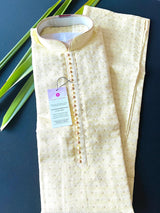 Yellow men's kurta pajama in soft silk with small zari buttis on soft silk — Kaash Collection