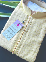 Yellow men's kurta pajama in soft silk with small zari buttis on soft silk — Kaash Collection
