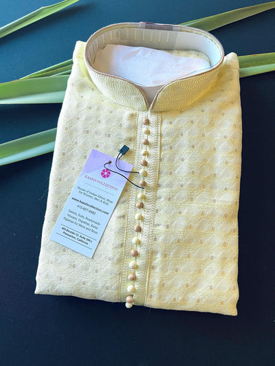 Yellow men's kurta pajama in soft silk with small zari buttis on soft silk — Kaash Collection