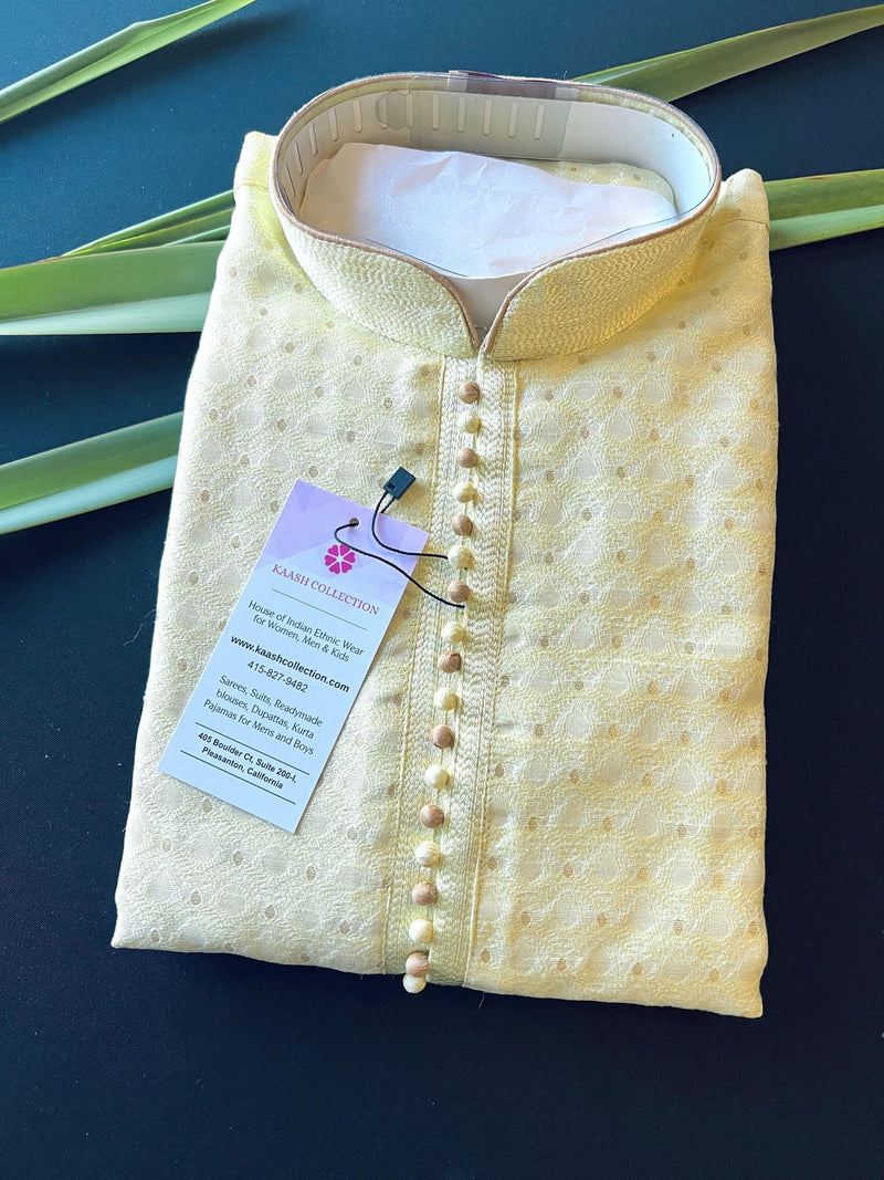 Yellow men's kurta pajama in soft silk with small zari buttis on soft silk — Kaash Collection