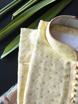 Yellow men's kurta pajama in soft silk with small zari buttis on soft silk — Kaash Collection