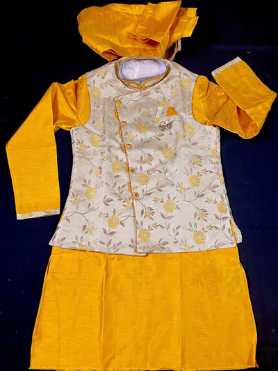 Yellow Mustard men's kurta pajama in raw silk with 3-piece set with jacket & brooch — Kaash Collection