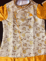 Yellow Mustard men's kurta pajama in raw silk with 3-piece set with jacket & brooch — Kaash Collection