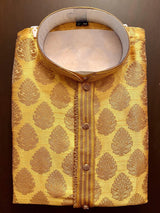 Yellow Mustard Gold Silk Men Kurta Pajama with Weave Work - Kaash