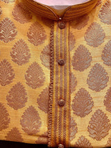 Yellow Mustard Gold Silk Men Kurta Pajama with Weave Work - Kaash