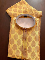 Yellow Mustard Gold Silk Men Kurta Pajama with Weave Work - Kaash