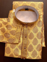 Yellow Mustard Gold Silk Men Kurta Pajama with Weave Work - Kaash