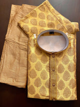 Yellow Mustard Gold Silk Men Kurta Pajama with Weave Work - Kaash
