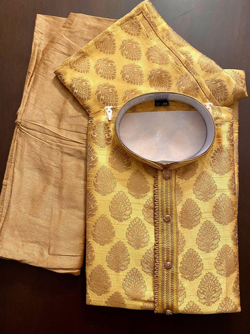Yellow Mustard Gold Silk Men Kurta Pajama with Weave Work - Kaash