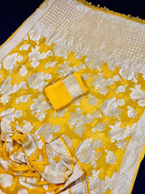 Yellow pure khaddi georgette banarasi silk saree with muted gold zari weave — Kaash Collection