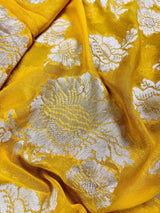 Yellow pure khaddi georgette banarasi silk saree with muted gold zari weave — Kaash Collection