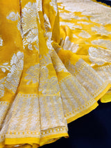 Yellow pure khaddi georgette banarasi silk saree with muted gold zari weave — Kaash Collection