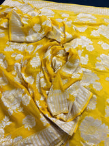 Yellow pure khaddi georgette banarasi silk saree with muted gold zari weave — Kaash Collection