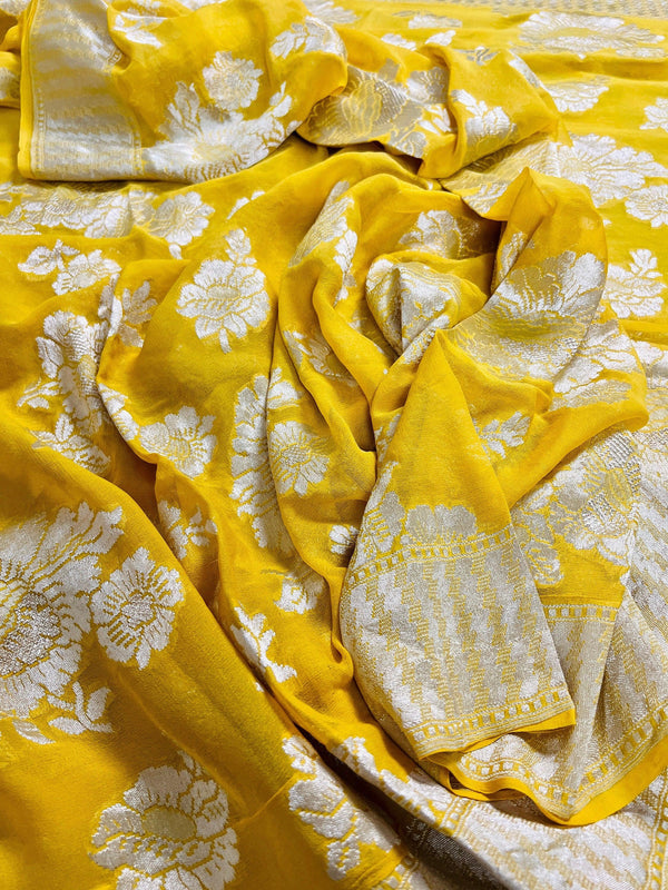 Yellow Pure Georgette Banarasi Saree with Muted Gold Zari | Pure Khaadi Georgette | Floral Jaal Saree in Georgette | SILK MARK CERTIFIED - Kaash