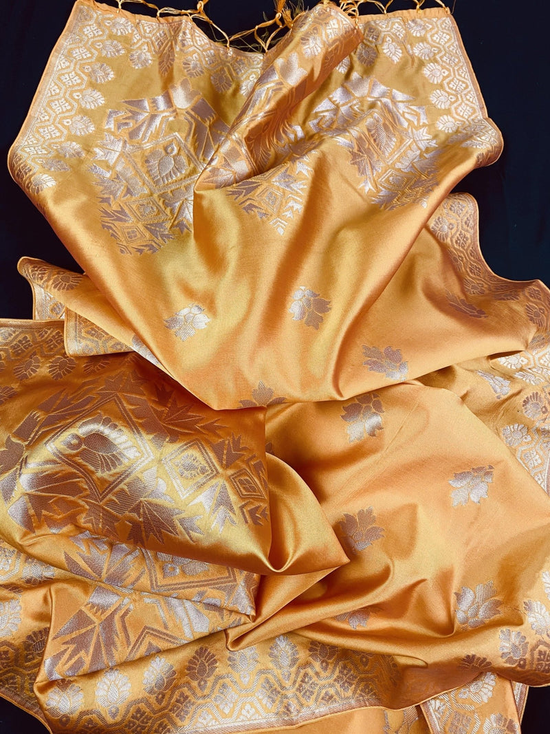 Yellow Silk Designer with Tint of Orange dupatta in silk with designer with zari weaving — Kaash Collection